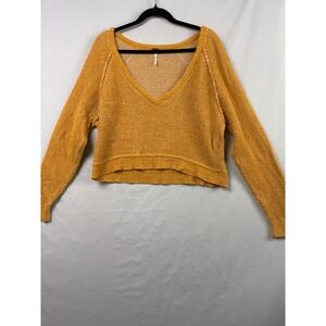 Free People Sweater Women M Mustard Yellow V-Neck Cropped Loose Knit Pullover
